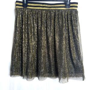 H&M Black and Gold Pleated Chiffon Elastic waistband Mini Skirt L Preppy Chic